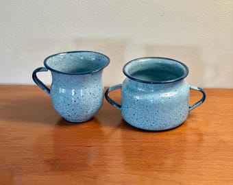 Vintage Robin's Egg Blue Speckled Enamelware Sugar and Creamer Set