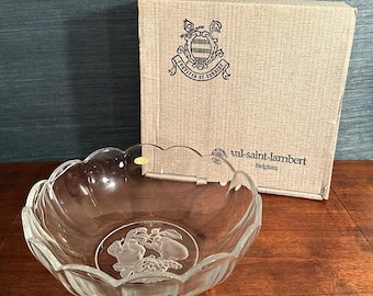 Vintage Val St Lambert Crystal Salad Bowl with an Intaglio Fruit Design, With Original Box