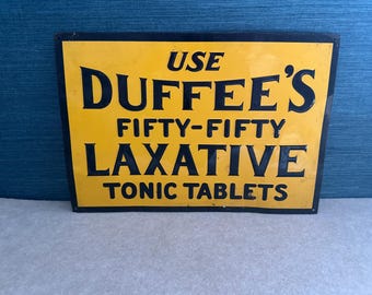 Vintage Duffee's Fifty-Fifty Laxative Tonic Tablets Embossed Tin Advertising Sign