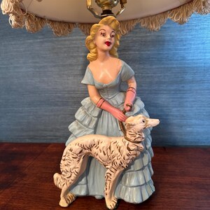 Puede incluir: Una l&aacute;mpara de mesa vintage con una pantalla blanca y una figura de una mujer con un vestido azul que sostiene un perro blanco.