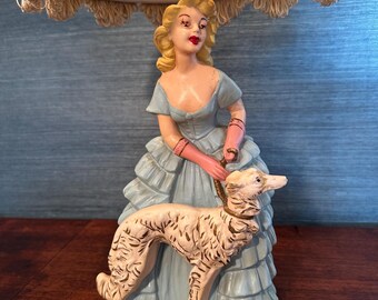 Vintage Mid Century Chalkware Lamp: Southern Belle & Borzoi Dog