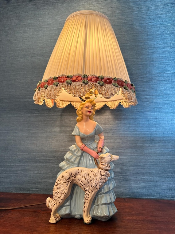 Vintage Mid Century Chalkware Lamp: Southern Belle & Borzoi Dog