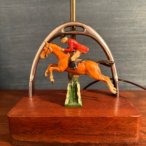 Vintage English Steeplechase Equestrian Jumper Lamp with Modern Black Shade