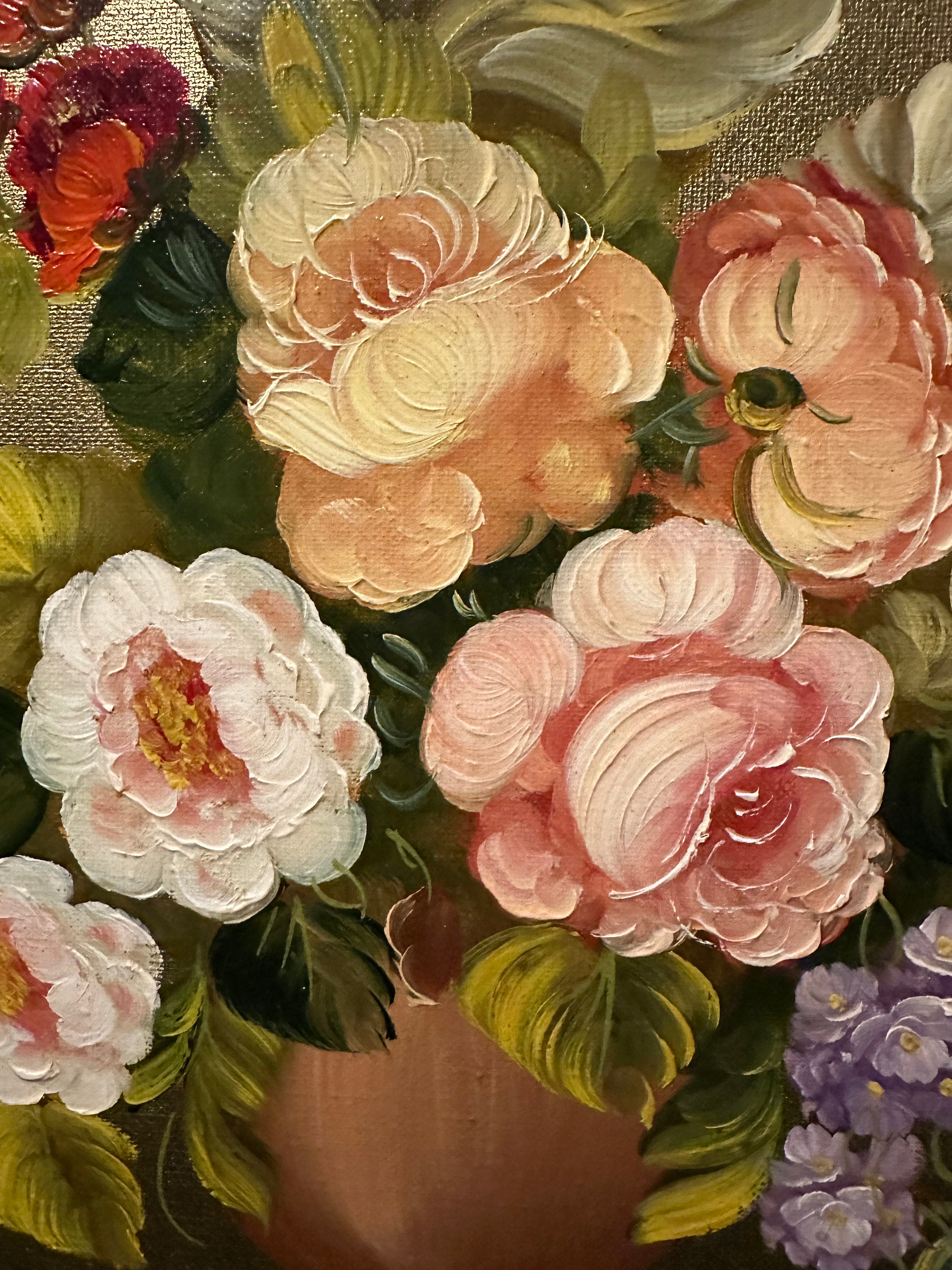 イタリア人アーティスト、R.ロジーニによる金色の背景に花を描いた