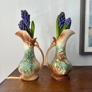 Vintage Pair of McCoy Ewer Wine Pitchers With Green and Brown Grape Leaves