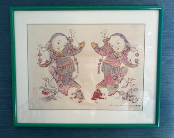 Grabado chino antiguo de Año Nuevo Yangliuqing - "Liu Hai jugando con Jin Chan"