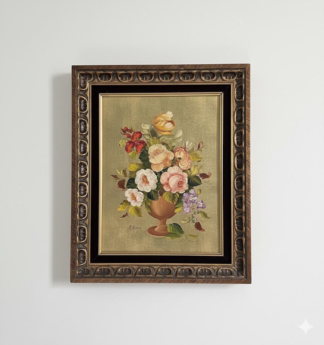 イタリア人アーティスト、R.ロジーニによる金色の背景に花を描いた