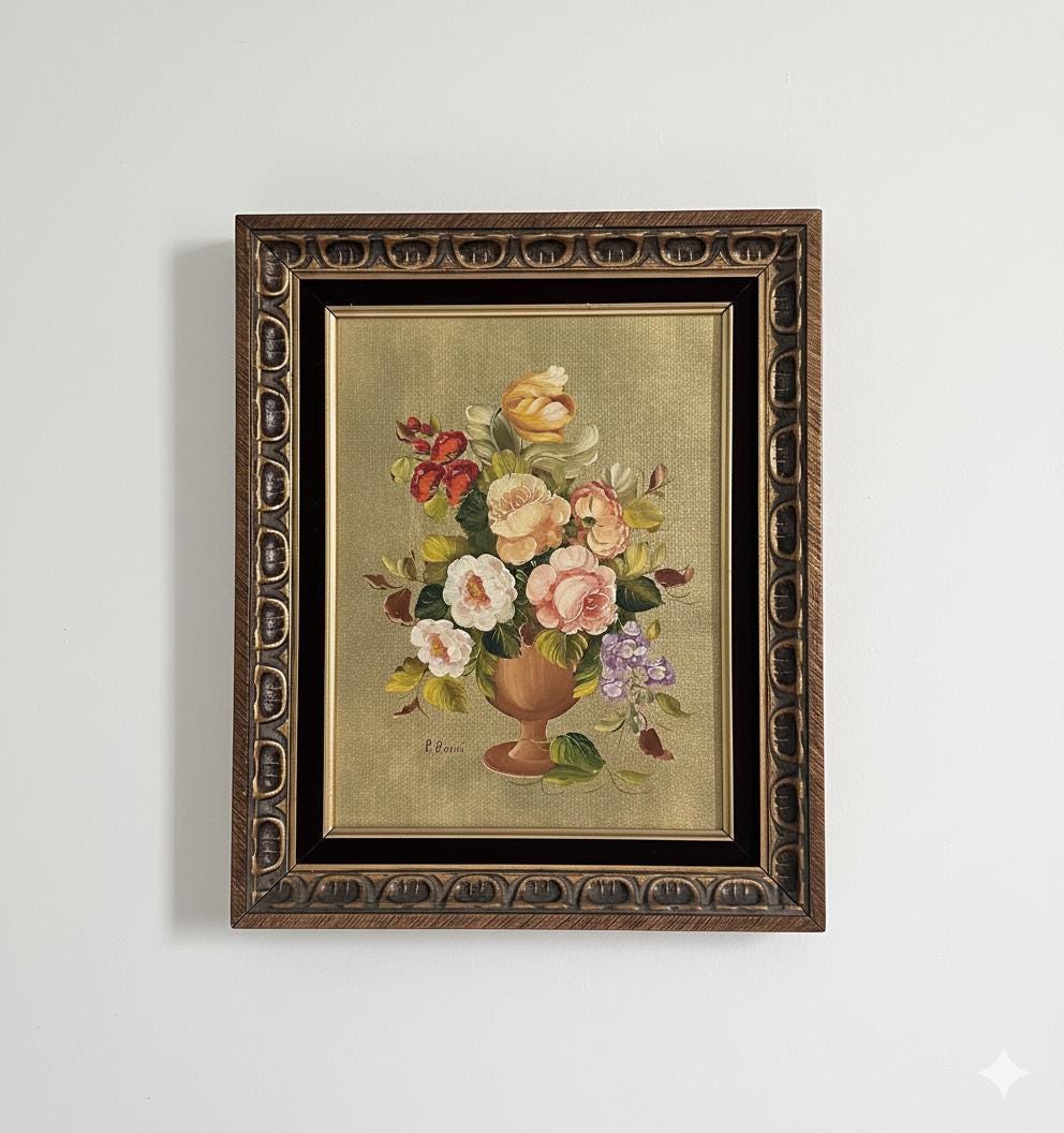 花の油彩画 S.A. サイン付き イタリア人アーティスト、R.ロジーニによる金色の背景に花を描いた