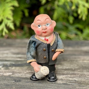Vintage 1940s West German Paper Mache Rolly Toy Spring Doll Featuring a Man Drinking a Hofbräu München Beer