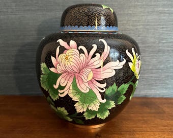 Gran urna/jarrón/tarro de jengibre japonés cloisonné vintage negro adornado con flores
