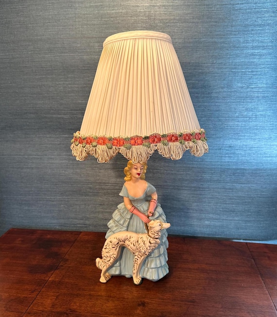Vintage Mid Century Chalkware Lamp: Southern Belle & Borzoi Dog