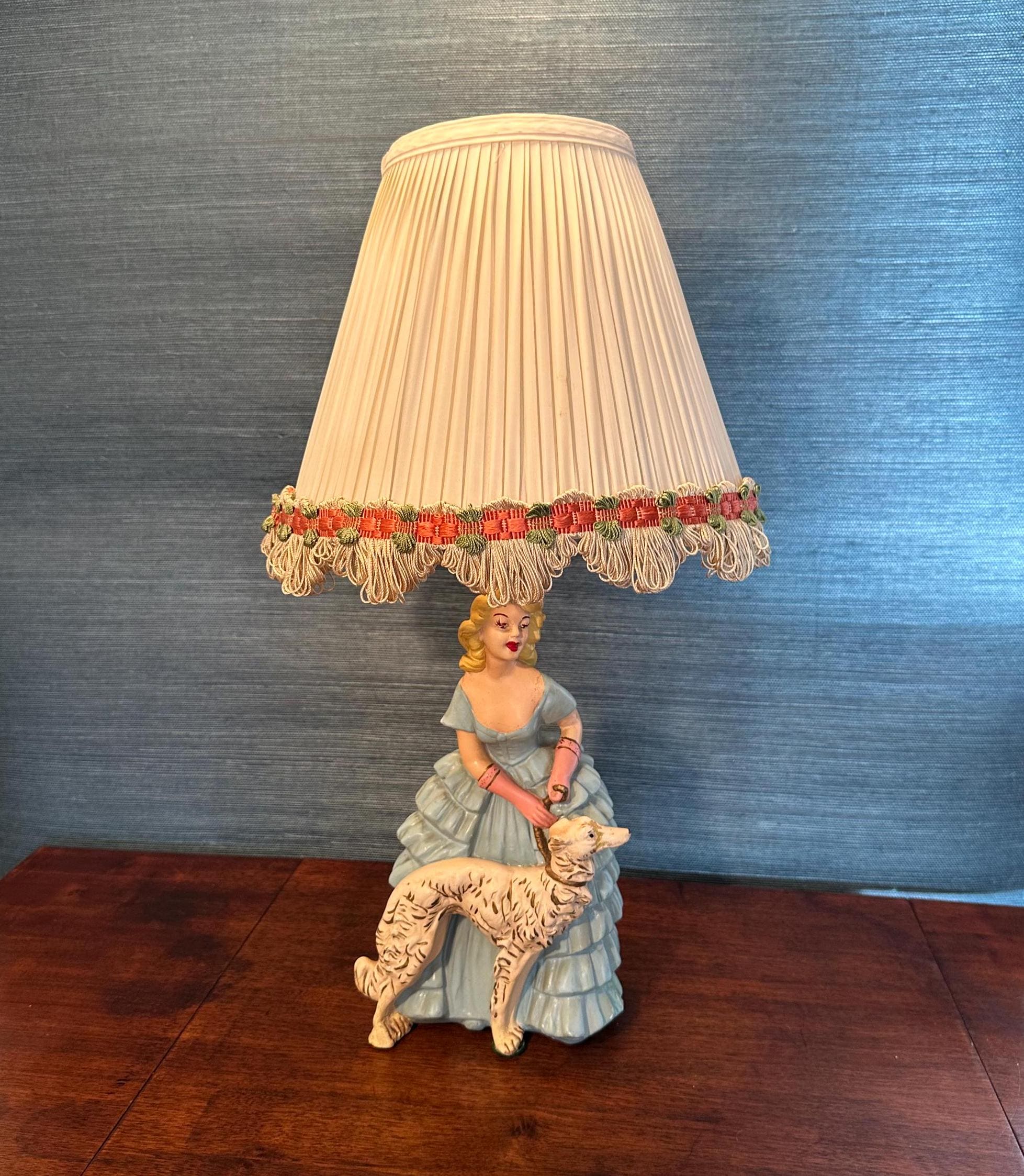Vintage Mid Century Chalkware Lamp: Southern Belle & Borzoi Dog