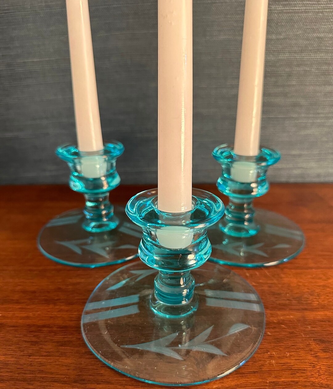 Blue Uranium Glass Art Deco Etched Candlestick Holders - Etsy