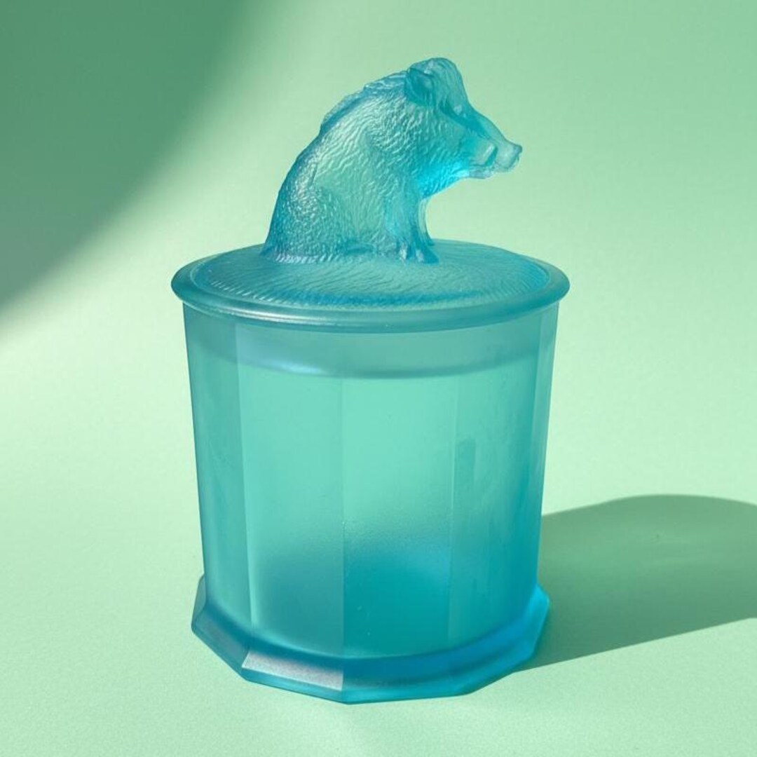 Antique Tiffin Blue Pressed Satin Glass Blue Boar Pipe Tobacco Jar, Circa  1900