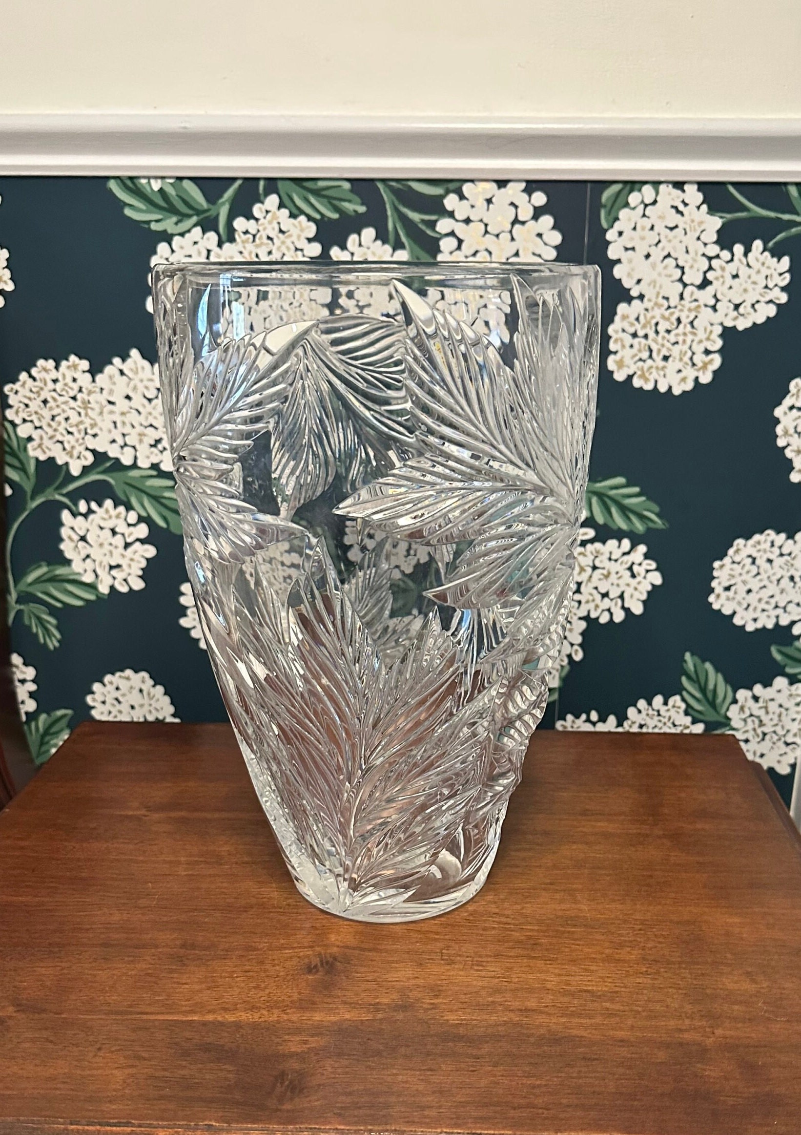 Vintage Tiffany & Co. Large Emil Brost Deep Leaf Cut Crystal Vase