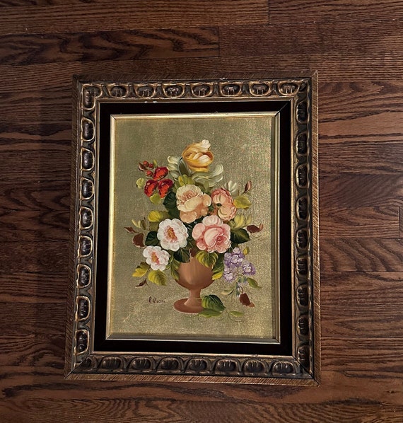 イタリア人アーティスト、R.ロジーニによる金色の背景に花を描いた