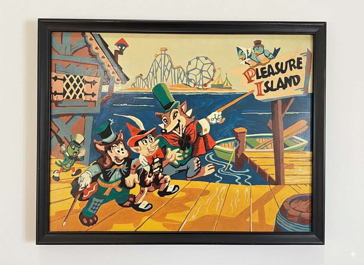 Vintage 1950s Pinocchio Framed Pleasure Island Paint by Number PBN
