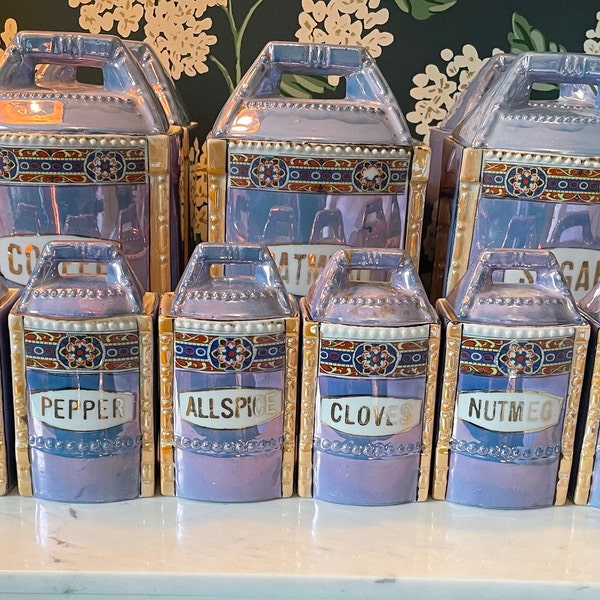 Vintage Set of 14 Lusterware German Spice Canisters with Lids