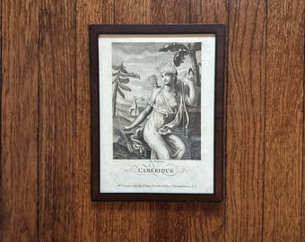 Grabado francés antiguo del siglo XIX "L'Amérique" de Noël Frères – Alegoría de América