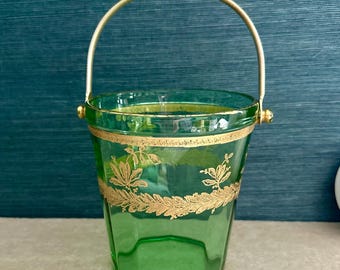 Vintage Green Glass Ice Bucket with Gold Leaf Floral Garland and Brass Handle