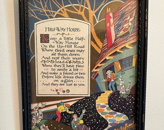 Vintage 1930 Framed &quot;Half-Way House&quot; Colorful Art Print—Possibly Lawrence Hawthorne