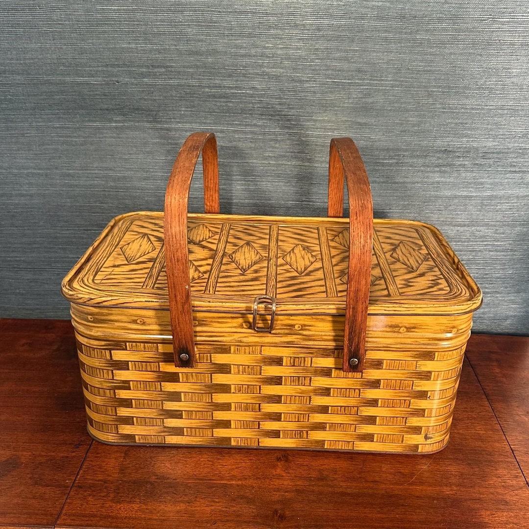 Vintage 1950s Metal Basket Weave Patterned Picnic Basket With Wood