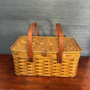 Vintage 1950s Metal Basket Weave Patterned Picnic Basket with Wood Handles