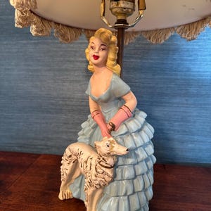 Puede incluir: Una l&aacute;mpara de mesa vintage con una pantalla blanca y una figura de una mujer con un vestido azul que sostiene un perro blanco. La mujer tiene el pelo rubio y los labios rojos.