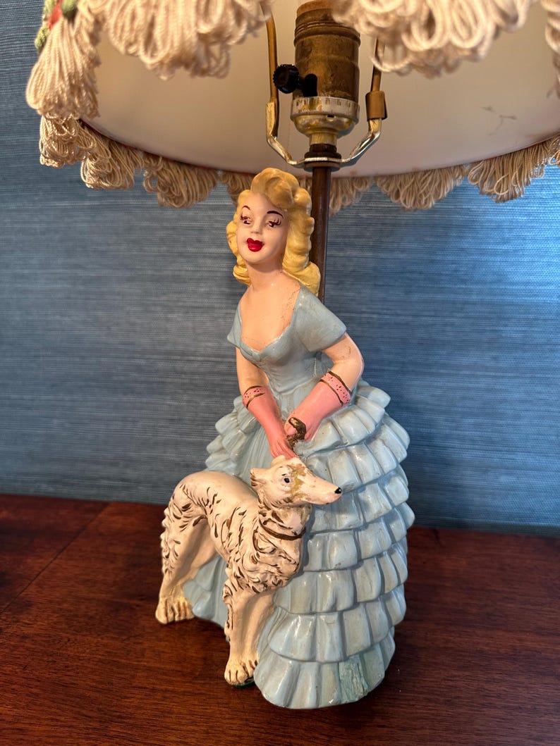 Puede incluir: Una l&aacute;mpara de mesa vintage con una pantalla blanca y una figura de una mujer con un vestido azul que sostiene un perro blanco. La mujer tiene el pelo rubio y los labios rojos.