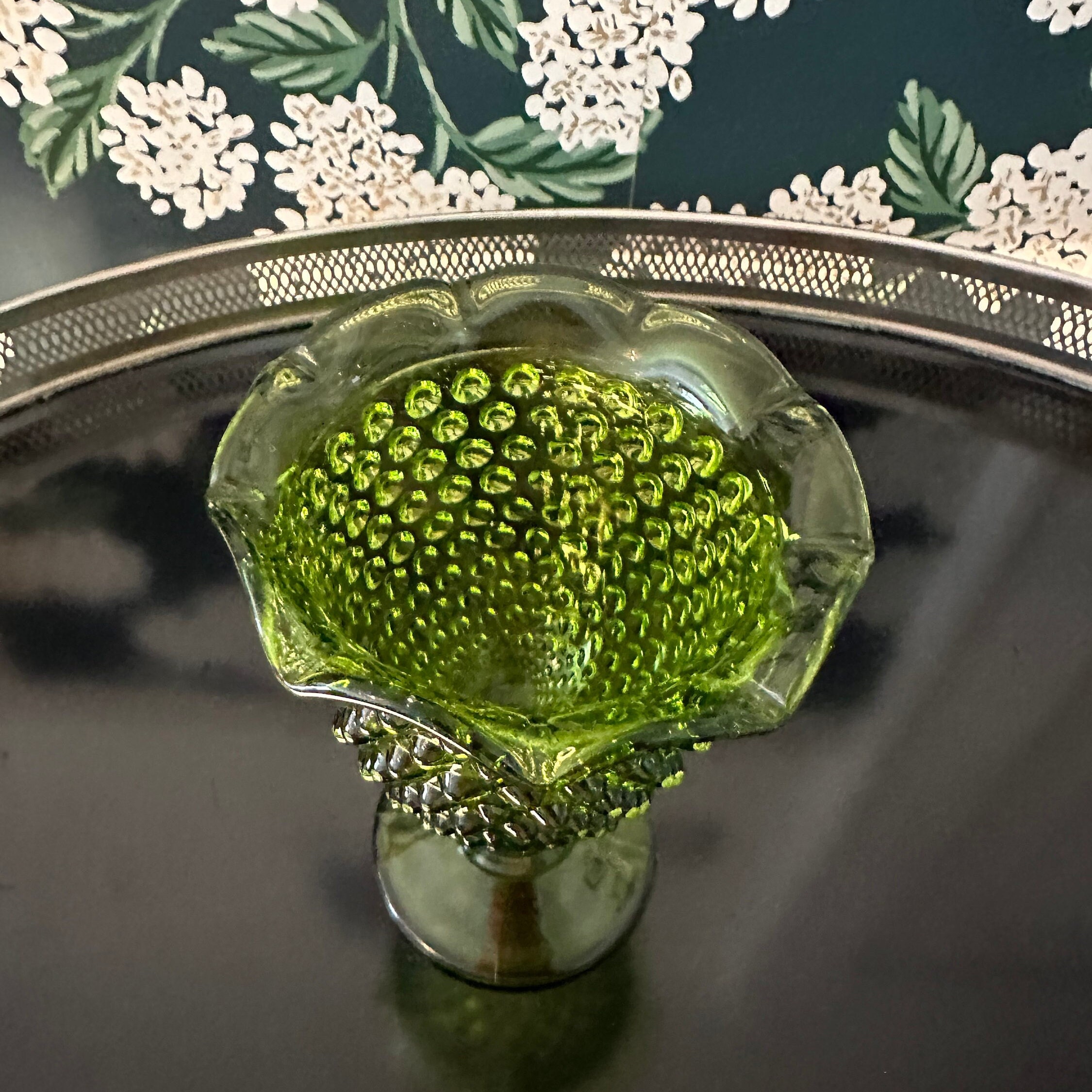 ヴィンテージ フェントン ホブネイル グリーン 台座 脚付き コンポート