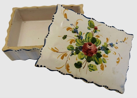 Vintage Hand Painted Floral Ceramic Trinket Box a… - image 6