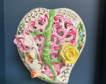 Vintage Herend Hand Painted Floral Lattice Reticulated Porcelain Heart Box from Hungary