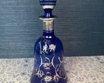 Vintage Bell Shaped Italian Art Silver Painted Cobalt Blue Glass Decanter