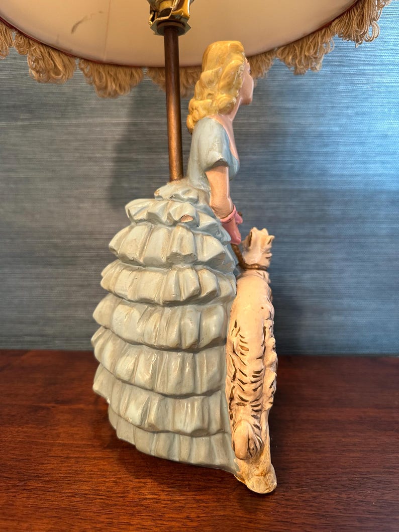 Puede incluir: Una l&aacute;mpara de mesa vintage con una figura de cer&aacute;mica de una mujer con un vestido azul que sostiene un perro peque&ntilde;o. La l&aacute;mpara tiene una pantalla blanca con un borde de flecos.
