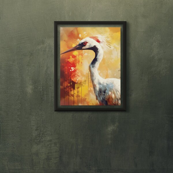 White Crane in Red Sunset - Japanese Wall Art/Animal Painting - Vintage Print - Japanese Wall Decor - Gift Idea Poster