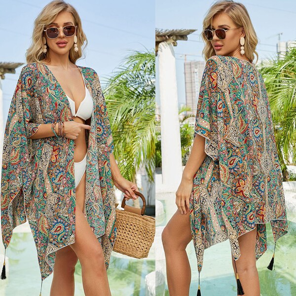 Robe caftan longue pour femme en coton à fleurs pour la couverture de plage, taille unique, caftan indien, haut robe de bain bikini kimono, housse de maillot de bain