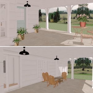 White Country Cottage Tiny House 2 Bedroom / 1 Bath Floor Plan Under 1,000 sq ft