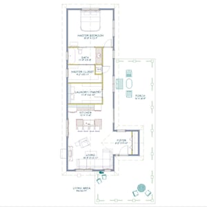 White Country Cottage Tiny House 2 Bedroom / 1 Bath Floor Plan Under 1,000 sq ft