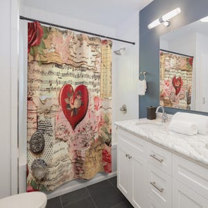 Vintage Floral Shower Curtain, Romantic Bathroom Decor, Music Notes Design, Heart Print, Gift for Her, Boho Home Accessories