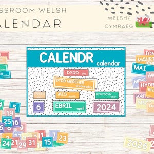 Calendario interactivo de galés para escuela primaria/aula bilingüe/recursos imprimibles de Addysg Gymraeg/cuadro de actividades diarias/aprendizaje de galés