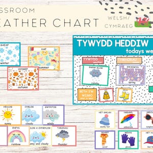 Welshe weerkaart basisschool / tweetalig klaslokaal / afdrukbare Addysg Gymraeg-hulpmiddelen / dagelijkse weeractiviteitenkaart / Welsh leren