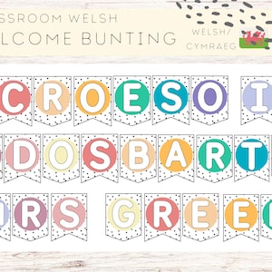 Tablón de anuncios galés personalizado con banderines de bienvenida y nombre del profesor/aula bilingüe/decoración imprimible para aula galesa/aprendizaje galés