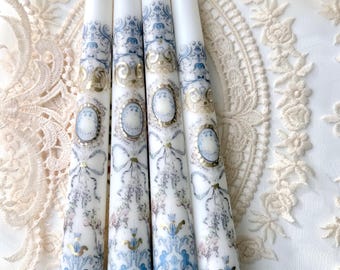 Blue White Porcelain Cameo Taper Candles, Rococo Floral Home Decor (Set of 2)