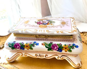 Sorelle Fine Porcelain Large Hinge Jewelry Box Roses w/Gold
