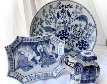 Vintage Chinoiserie Decor Set: Blue & White Charger, Trinket Tray, Elephant