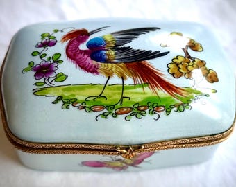 Vintage Hand Painted French Porcelain Trinket Box – Exotic Bird, Butterfly, Insect Designs