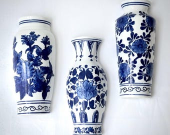 Colbat Blue and White Chinoiserie Wall Sconces / Half Vase Wall Pockets
