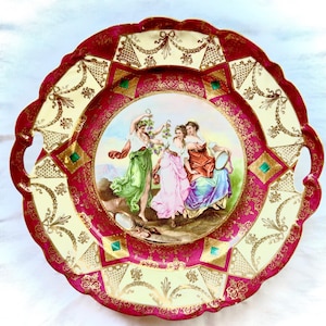 Antique Prov Saxe ES Germany Handled Portrait Plate, Erdmann Schlegelmilch Royal Vienna Style Cabinet Plate, Deep Burgundy & Raised Gold Gil