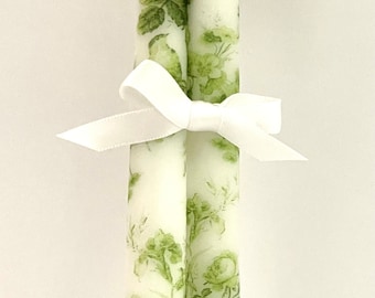 Green Bird Toile Taper Candles / Set of 2