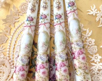 Lorraine Rose Tapered Candles / Pink Floral Rococo Design / Set of 2